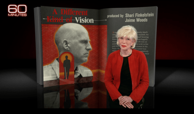 Lesley Stahl addresses the camera, an image of Chris Downey in the background