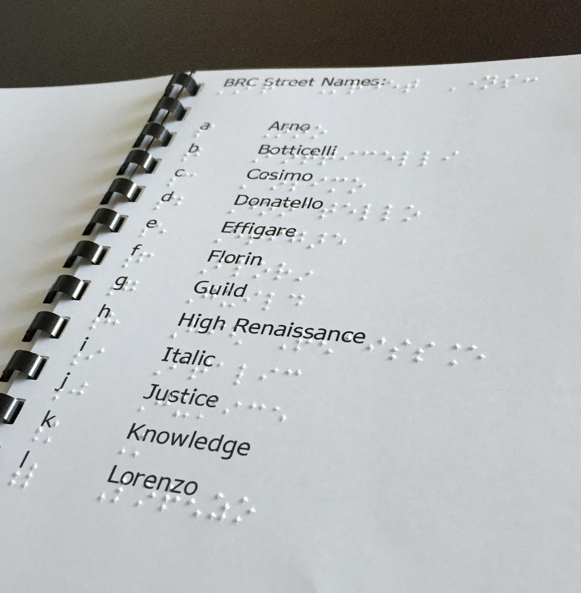 lsit of street names with braille letters