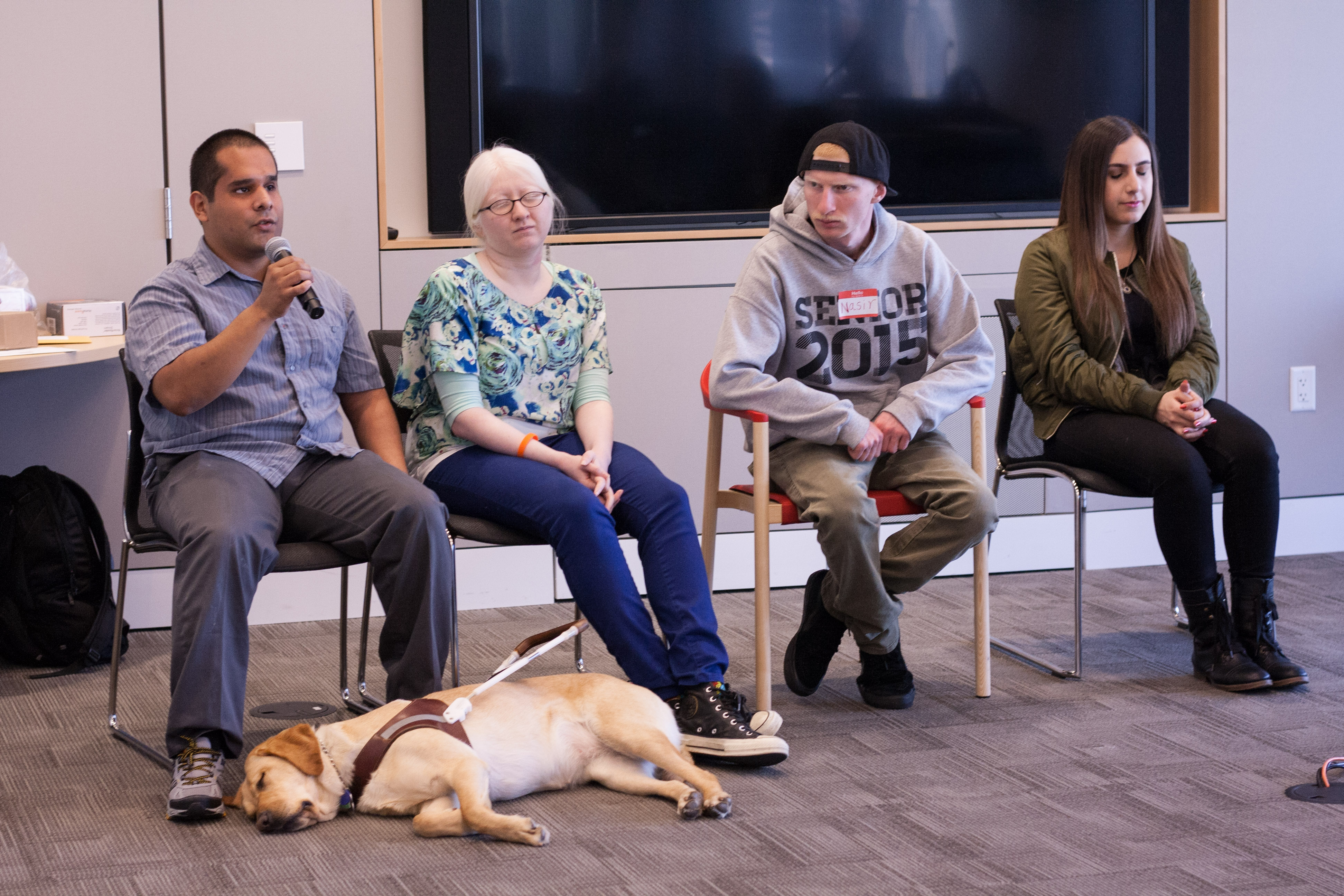 College-age students Sergio Lopez-Hernandez, Julie J Bird, Nasir Iqbal and Iman Award offer advice to parents during a panel at Braille Challenge. The main takeaway? "Don't shelter your kids."