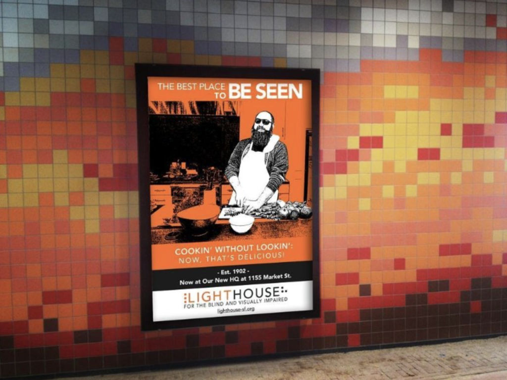 A mockup of our cooking bart ad hangs in an underground station with orange, yellow, red, and grey tile in the background.