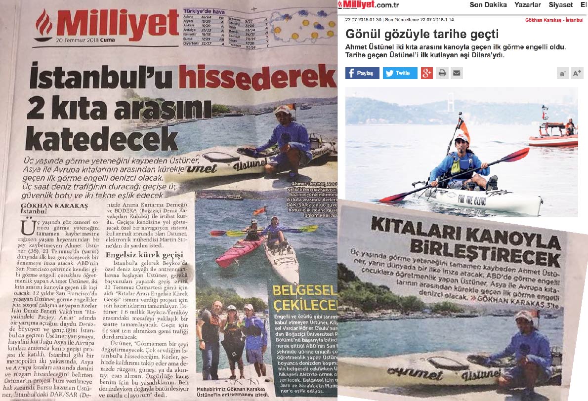 A clipping of a Turkish newspaper shows Ahmet paddling out on the water with a headline in the Turkish language.