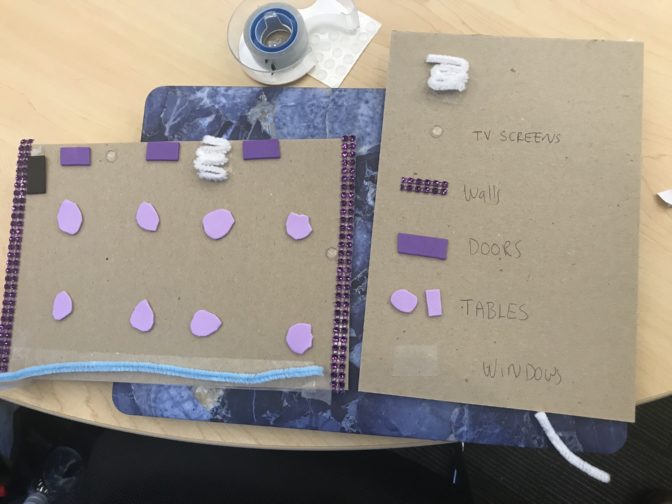 Here, a designer has created a tactile key to accompany their design, identifying objects like doors, tables, walls, tv screens and windows. A more developed version of this map would use braille labels to make text accessible to blind users.