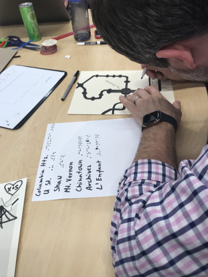 Toward the end of the workshop, participants experimented with adding tactile streets and landmarks to a map of San Francisco using Swell Paper.