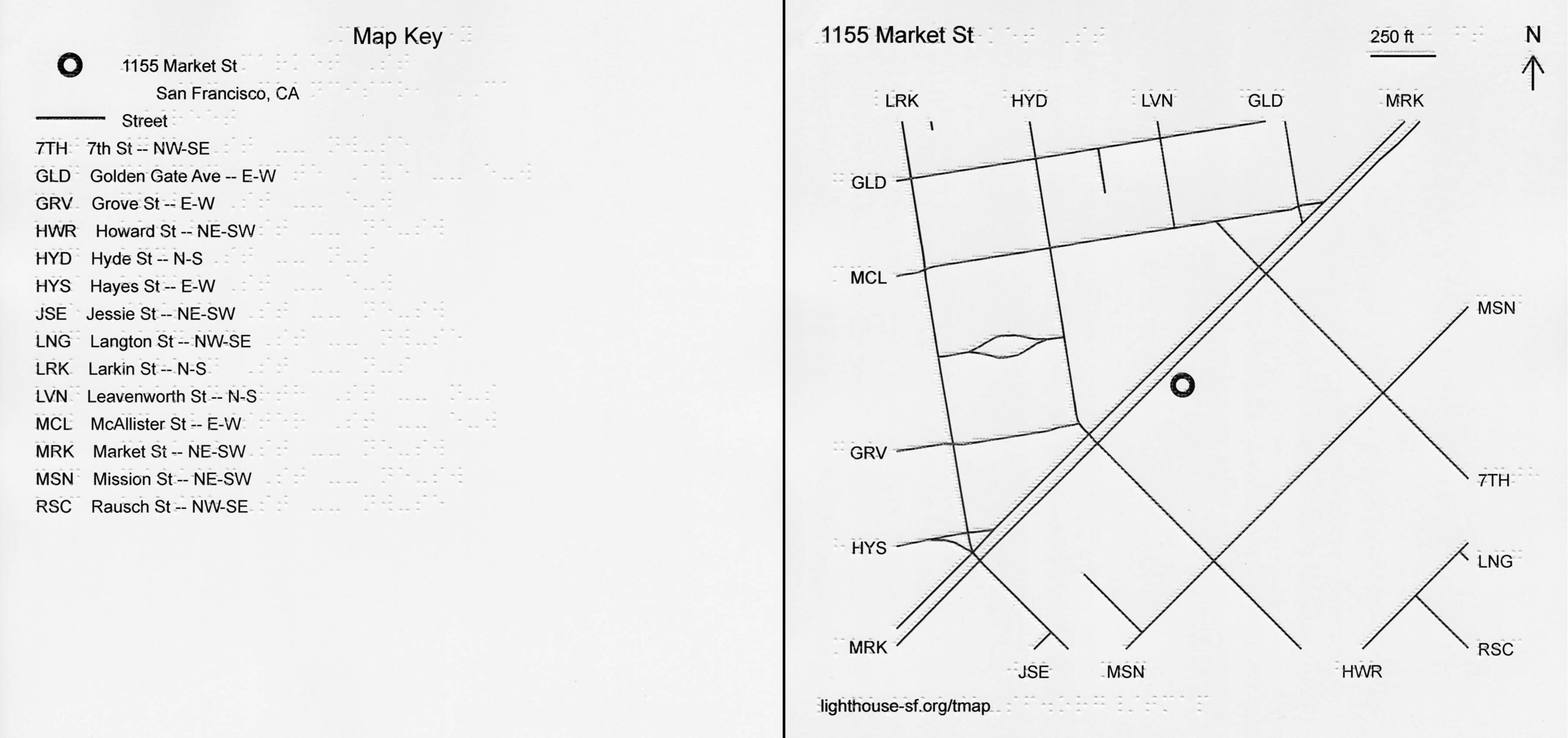 Side by side key and tactile map of 1155 Market Street showing braille and print text, tactile and ink street lines.