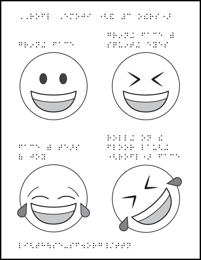 Four emojis with braille labels: grinning face, grinning face with squinting eyes, face with tears of joy, rolling on the floor laughing face