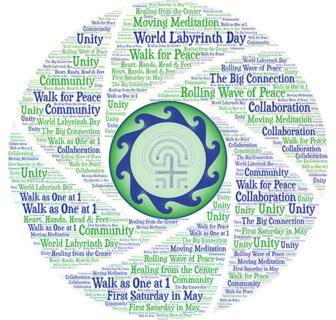 A stylized photo of a labyrinth surrounded by phrases such as “Walk for Peace” “Unity” “Rolling Wave of Peace” and “Community” in blue and green tones