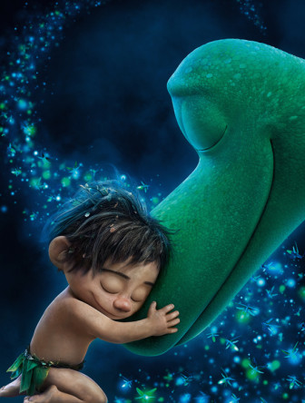 little caveman boy rests, eyes closed, on the Good Dinosaur