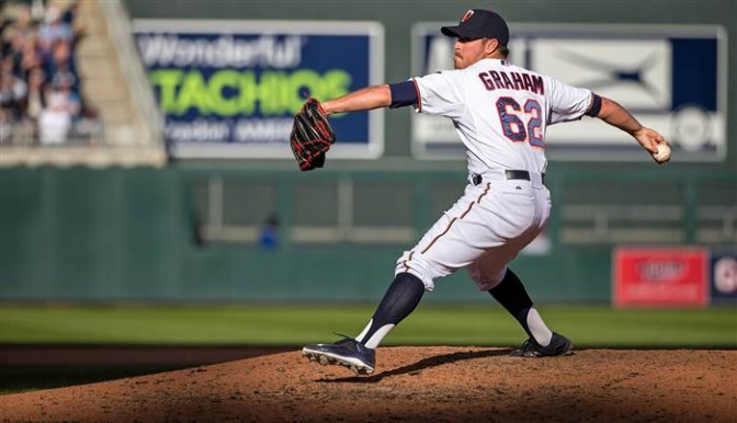 Minnesota Twins pitcher J.R. Graham wears special socks so that his blind mother can tell him apart from his teammates