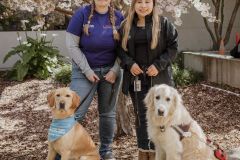 GDB staff member and a guest pose together - GDB staff has a Guide Dog in Training and guest has her guide dog