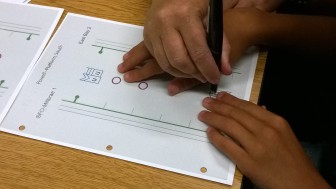 A photo of a tactile map in use with a talking pen.